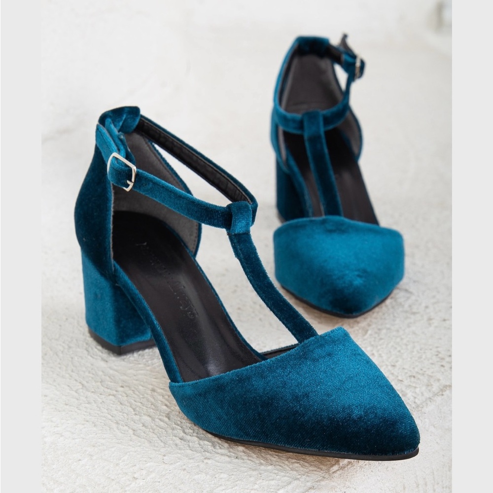 Always & Forever Teal Velvet Block Heels